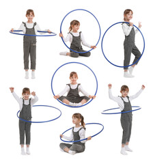 Cute little girl with hula hoop on white background. Collage of photos