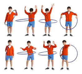 Fototapeta premium Cute boy with hula hoop on white background. Collage of photos