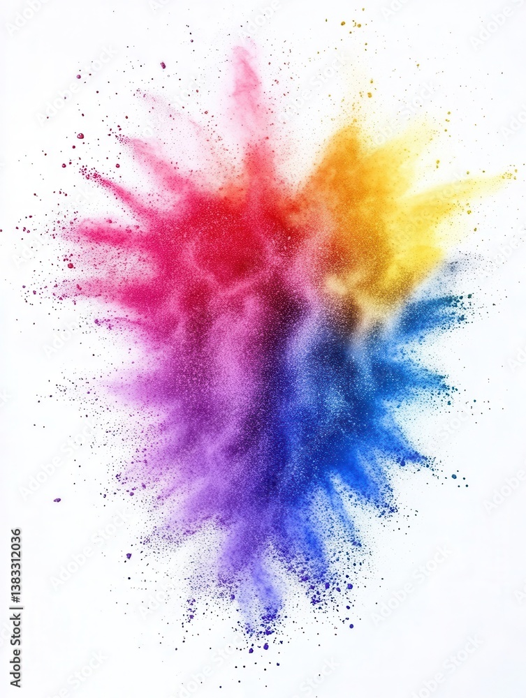 Poster vibrant rainbow powder explosion on white background creating dynamic colorful splash effect