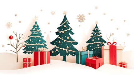 Fototapeta premium Christmas Wonderland: A festive winter scene with intricately designed paper cut-out elements. Christmas trees, gifts and delicate snowflakes create a joyful atmosphere.