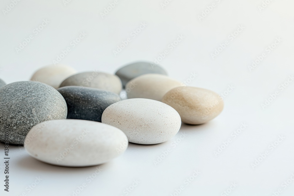 Poster minimalist composition of smooth river stones arranged on a white surface under soft lighting for a 