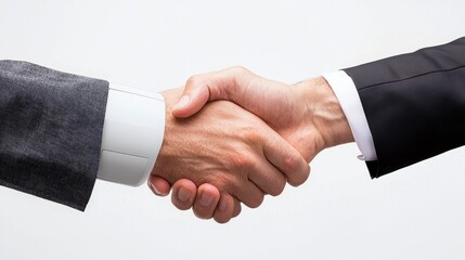 Close Up Of Two Men In Suits Shaking Hands Against A Light Gray Background