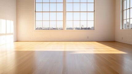 Fototapeta premium Serene Spacious Interior Scene with Natural Light, Featuring Large Windows and Warm Wooden Floor in Open Space for Creative Inspiration ,Office interior backdrop for online meetings