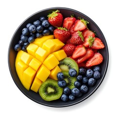 Delicious and Fresh Fruit Platter: A vibrant and enticing arrangement of fresh fruit, beautifully displayed on a dark plate, bursting with color and natural sweetness.