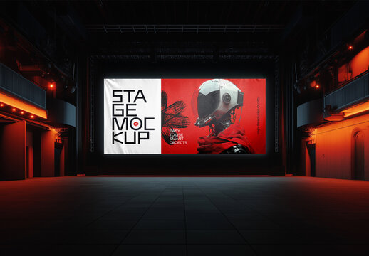 High-Resolution Stage Banner Mockup in Futuristic Theater Setting &mdash; Perfect for Concert, Performance, and Branding Presentations