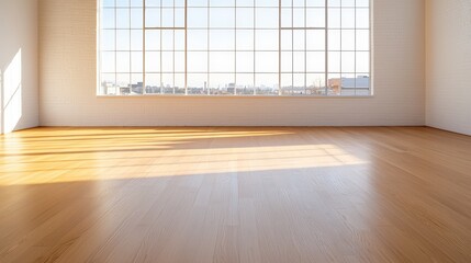 Fototapeta premium Bright and Spacious Interior Scene with Serene Ambiance Showcasing Large Windows and Warm Wooden Flooring, Ideal for Modern Design Projects ,Office interior backdrop for online meetings