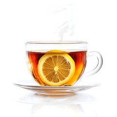 Lemon Tea Delight: A transparent glass cup, filled with steaming tea, holds a vibrant slice of lemon, offering a visual and aromatic experience.