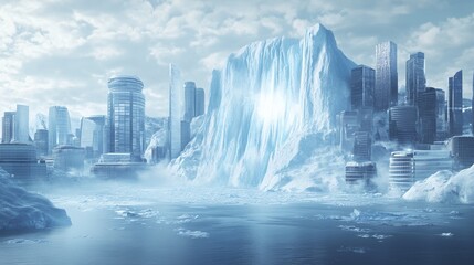 A massive glacier engulfs a futuristic city, symbolizing the paradox of climate change.