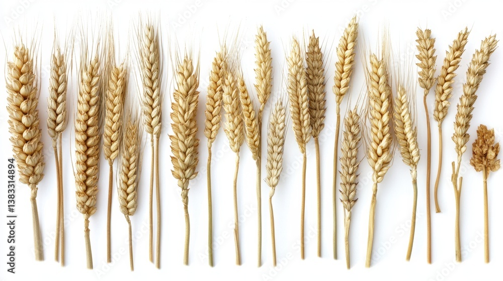 Poster golden wheat stalks arranged in a row against a white background creating a rustic and natural aesth