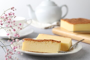 Tasty Japanese Castella sponge cake served on light table, closeup