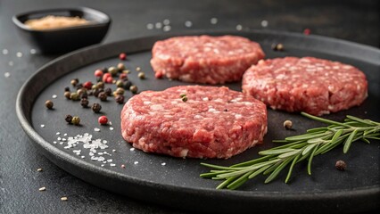 Raw Hamburger Patties with Seasonings Including Rosemary and Coarse Salt on a Black Plate, Highlighting Freshness and Flavor
