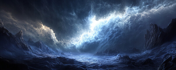 Obraz premium Dramatic Sky Over Rough Seas, A Powerful Ocean Landscape with Storm Clouds