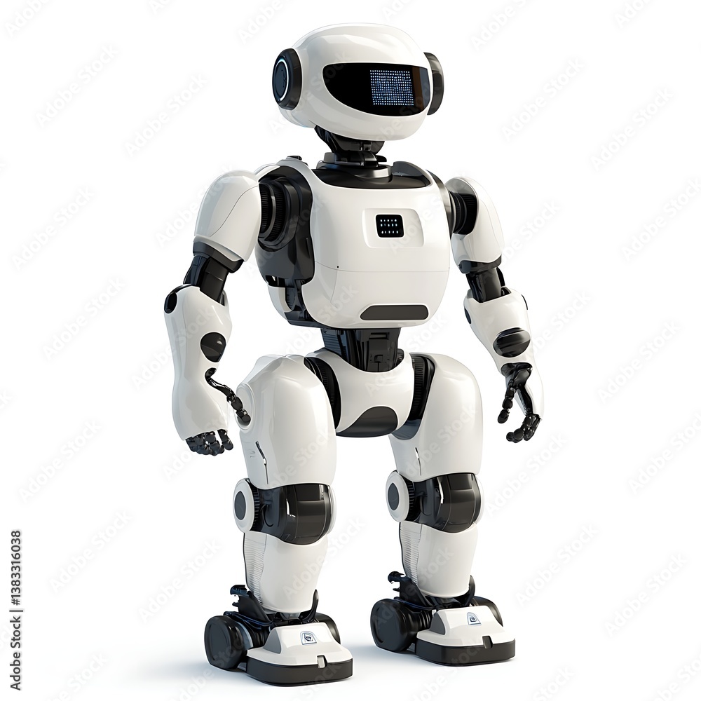Poster the future's here: a cutting-edge robot stands tall, epitomizing innovation with its sleek design an