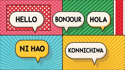 Cross Cultural Collaboration, illustrated with greetings in multiple languages, symbolizing communication and global connection in a colorful pop art style.