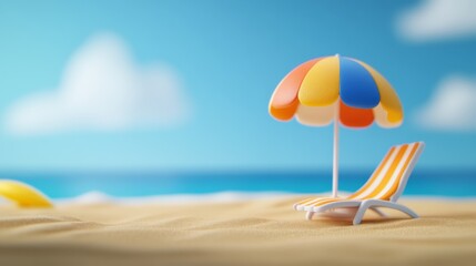 Colorful beach umbrella and lounge chair on a sandy shore with a vibrant blue ocean and sky