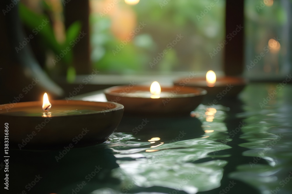 Poster three small burning aromatherapy candles floating on water surface creating a relaxing and peaceful 