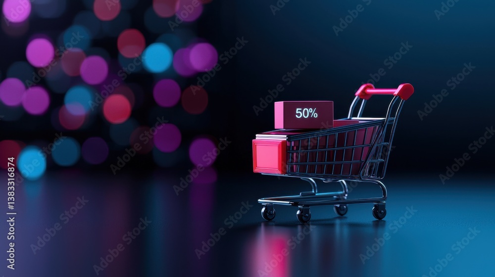 Poster a shopping cart filled with discounted items highlighted by a 50 off sign set against a vibrant boke