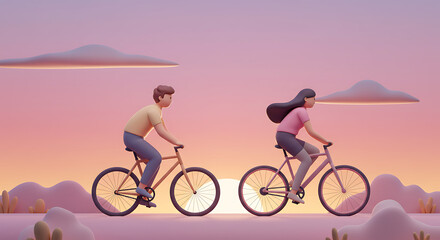 Obraz premium Two cyclists riding bicycles against a sunset background 