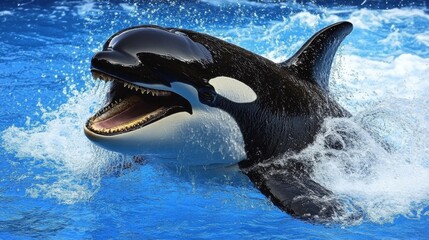 Killer whale opening its mouth while swimming in blue water