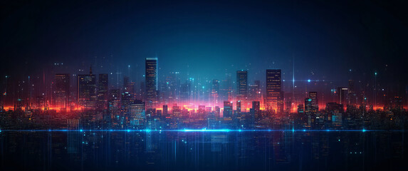 Obraz premium High-Tech City Vector Illustration: Futuristic Urban Landscape with Neon Lights, Modern Architecture, and Digital Effects for Banner Background