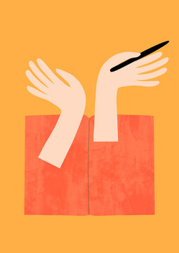 Two hands reach out from open book