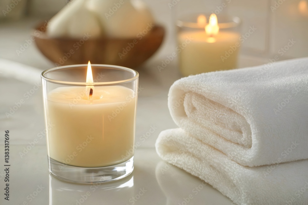 Poster lit candle in glass jar adding a touch of warmth and serenity to spa setting with fresh towels, evok
