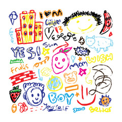 Funky childish doodles and icons drawn with crayon. Cute kid scribble doodle icons set. Child games, toys and drawings. Hand drawn cute vector illustrations