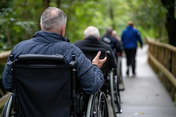 Obraz premium A group of individuals in wheelchairs is enjoying a scenic path surrounded by lush greenery, symbolizing inclusion and the beauty of nature's accessibility.