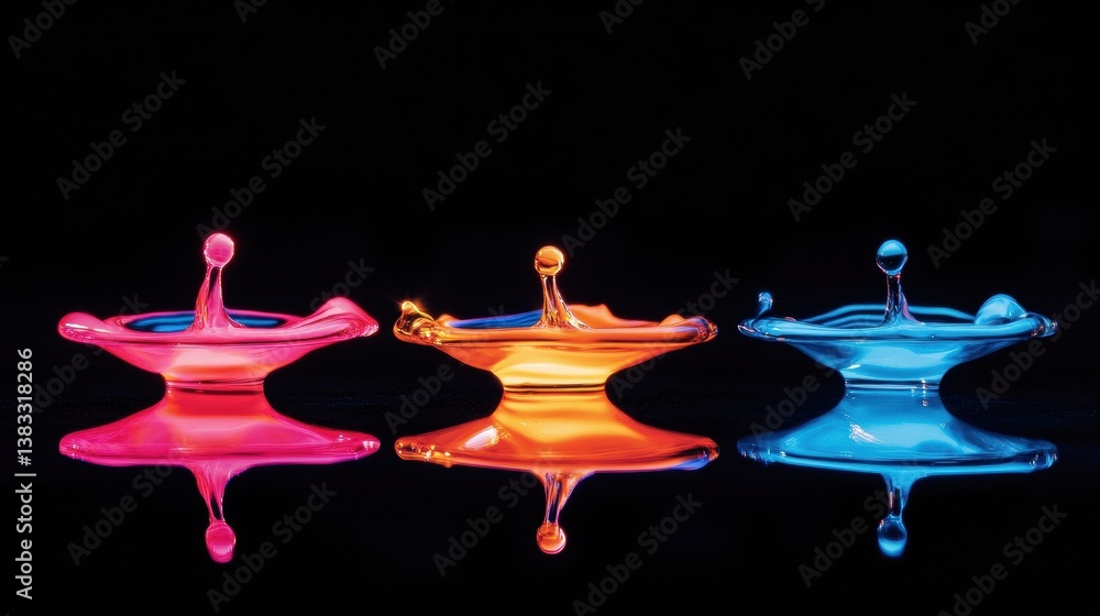 Aufkleber Floating gasoline droplets illuminated in vibrant neon colors captured in high-speed macro photography, showcasing intricate details and motion dynamics