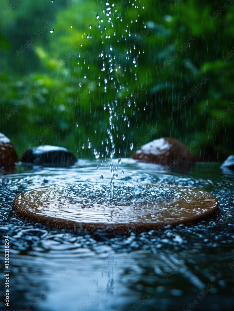 Poster serene rain falling on a stone surface creating ripples in water with a lush green background and a 