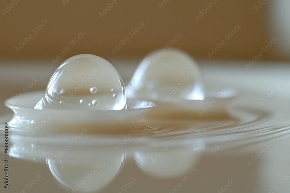 Poster captivating macro shot of water droplets creating a mesmerizing ripple effect on a neutral beige bac