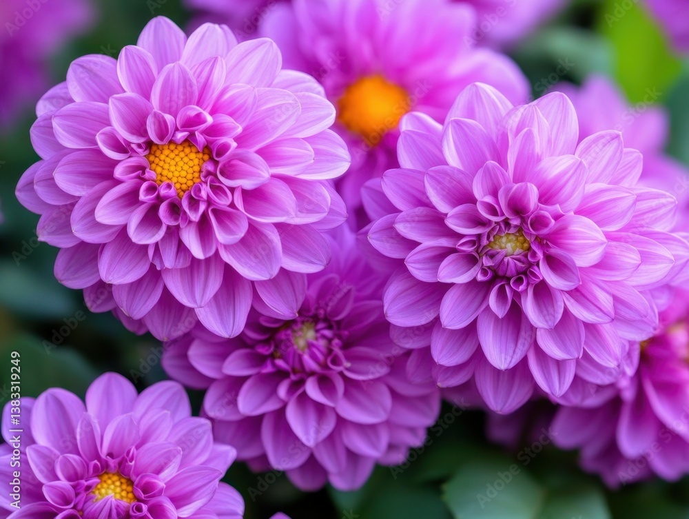 Poster captivating close up of vibrant purple dahlia blossoms with golden centers in a garden setting with 