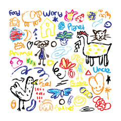 Kids drawing illustration, vector children color pencil naive doodle stciker set, cute cartoon 