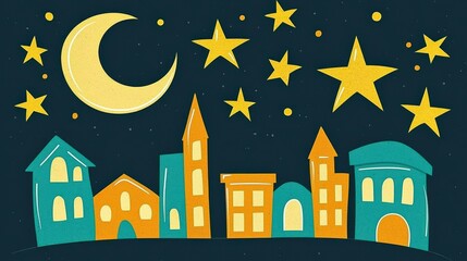 Nighttime Cityscape Illustration with Stars and Moon Cozy Urban Setting Digital Art Serene Environment Whimsical Viewpoint
