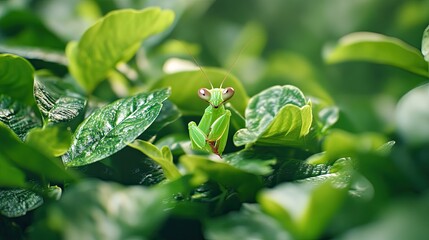 Green Praying Mantis Camouflaged Among Vibrant Green Leaves