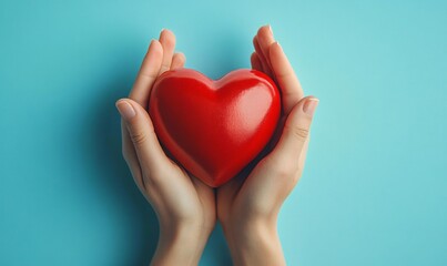 A photo of gentle hands cradling a vibrant red heart, ideal for Valentine's Day, mental health awareness campaigns, and expressions of love or care.