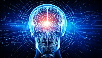 Human Brain and Technology: A luminous display showcasing the human brain within a digital realm, symbolizing the intersection of human intellect and technological advancement.