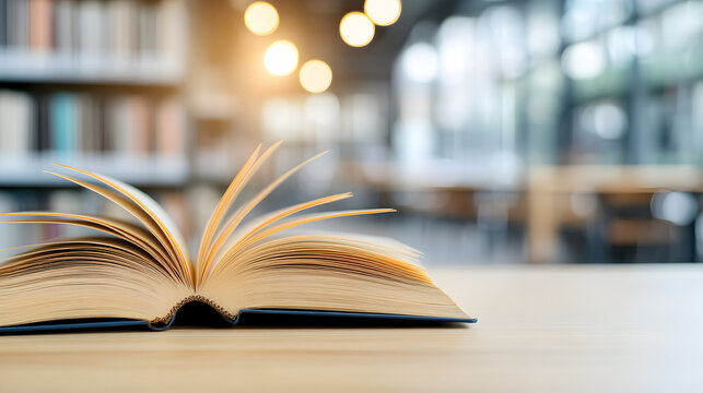 Open book on a wooden table in a cozy library setting with warm lighting and blurred background showcasing a peaceful reading atmosphere concept