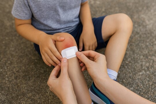 Mother applying plaster on child's injured knee after a fall