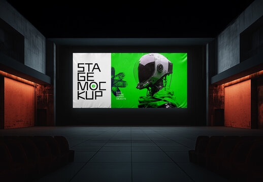 Futuristic Stage Mockup with Green Background and Robot Character &mdash; High-Quality Indoor Theater Banner Design for Technology and Branding Projects