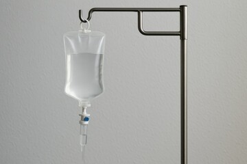 Iv drip delivering saline solution in hospital setting