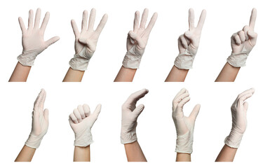 People wearing medical glove isolated on white, set