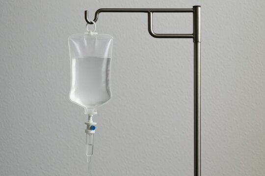 Iv drip delivering saline solution in hospital setting