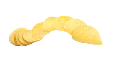 Raw potato slices transforming into crispy chips in air on white background, banner design