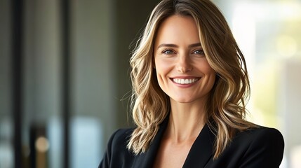 Confident businesswoman smiling, radiating professionalism and approachability in a modern office setting.
