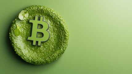 A green plate with a Bitcoin symbol, surrounded by leafy elements, symbolizes the intersection of cryptocurrency and sustainable practices.
