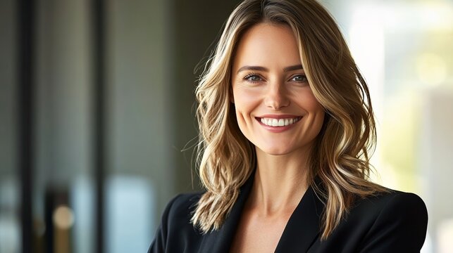 Confident businesswoman smiling, radiating professionalism and approachability in a modern office setting.