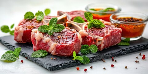 A beautifully arranged platter of raw meat cuts garnished with fresh mint leaves, accompanied by small bowls of sauces.