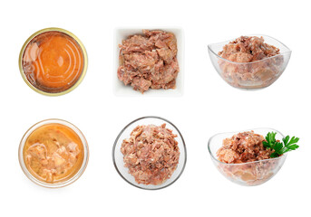 Different canned meat in tin cans and bowls isolated on white, set