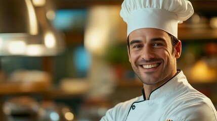 Smiling chef in uniform exudes warmth and professionalism, embodying culinary passion and expertise.